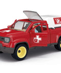 Red rescue truck from Farm Vet Playset With 29 Piece Veterinarian Figures Truck Cow Figurine And Accessories Kid Friendly 3 Plus Realistic Vet Hospital Role Play On The Farm For Fun.