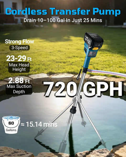 Heavy Duty Cordless Water Pump With 720 GPH Output And 29 Ft Max Lift Featuring A Slick 2.2 Inch Compact Profile on a pond