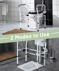 Heavy Duty Adjustable Toilet Safety Frame And Rail For Elderly Bathroom Assist With Rock Solid Non Slip Grab Bars No Drama Setup Secure Stand Alone Commode Support Rack shown in two modes near standard toilet.