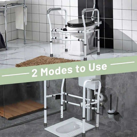 Heavy Duty Adjustable Toilet Safety Frame And Rail For Elderly Bathroom Assist With Rock Solid Non Slip Grab Bars No Drama Setup Secure Stand Alone Commode Support Rack shown in two modes near standard toilet.