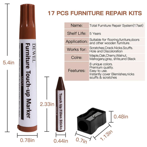 17 Piece Quick Fix Furniture Repair Kit With 8 Touch Up Markers And 8 Wax Sticks Plus Sharpener For Wood Scratches And Stains