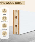 Cross-section of a barn door with pine wood core showing stability, moisture-proof, and natural qualities.