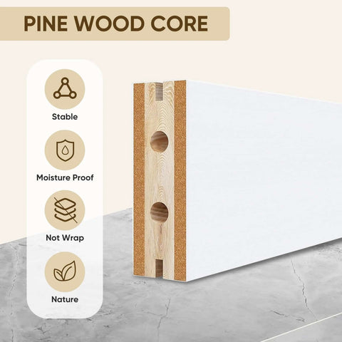 Cross-section of a barn door with pine wood core showing stability, moisture-proof, and natural qualities.