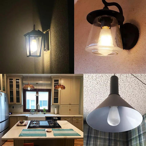 Home lighting setup with ST64 Vintage LED Bulbs 6W 60W Equivalent, 2700K Warm White, in various fixtures for cozy ambiance.
