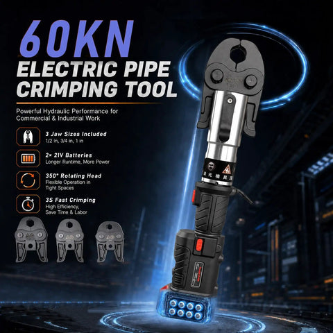 Heavy Duty 60kn Electric Pipe Crimping Tool With Powerful Brushless Motor, featuring rotating head and dual batteries.
