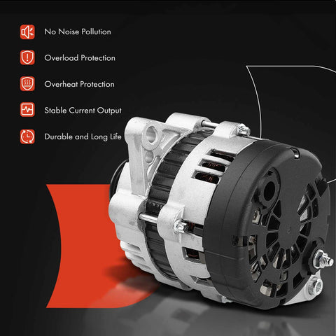 Alternator Replacement For Chevy Aveo 2004-2008, Aveo5 2006-2008, Pontiac Wave 2005-2008, Suzuki Swift 2004-2008 1.6L L4 85Amp 12V Clockwise 6-Groove Pulley Drop-In Direct Fit 3-Pin Regulator Replace 96540542 96954113. Close-up view with features like no noise pollution, overload and overheat protection, and stable current output displayed on the side.
