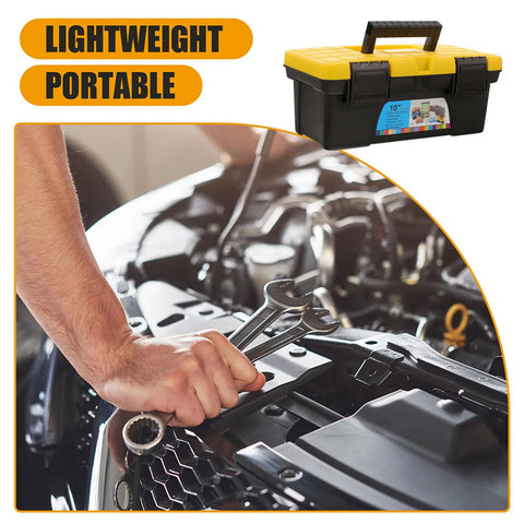 Top Shelf Plastic Tool Stash Heavy Duty Portable Carry Case For Hand Tools And Fasteners Splashproof Electrician Gear Hauler on a car engine.