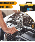 Heavy Duty Plastic Handheld Toolbox With Splashproof Compact Build, Rugged Electrician Storage Case, solid tool kit organizer in use with wrenches on a car engine.