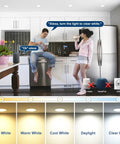Kitchen scene showing Six Inch Bluetooth Dimmable Recessed Ceiling Light With Adjustable CCT 2700K To 5700K High Brightness 1350 Lumen 16W Canless Downlight ETL Certified Pack Of 12 App Control No Internet Needed, highlighting different light temperatures.