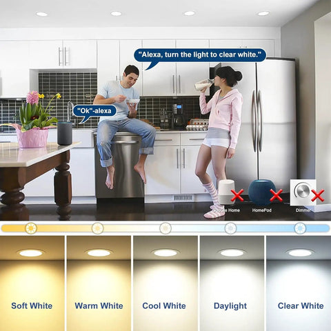 Kitchen scene showing Six Inch Bluetooth Dimmable Recessed Ceiling Light With Adjustable CCT 2700K To 5700K High Brightness 1350 Lumen 16W Canless Downlight ETL Certified Pack Of 12 App Control No Internet Needed, highlighting different light temperatures.