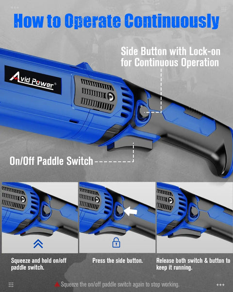 Beefy Four And A Half Inch Angle Grinder With 1000W Motor And 7 Variable Speeds Reaching Up To 11,500 RPM Paddle Switch Instructions