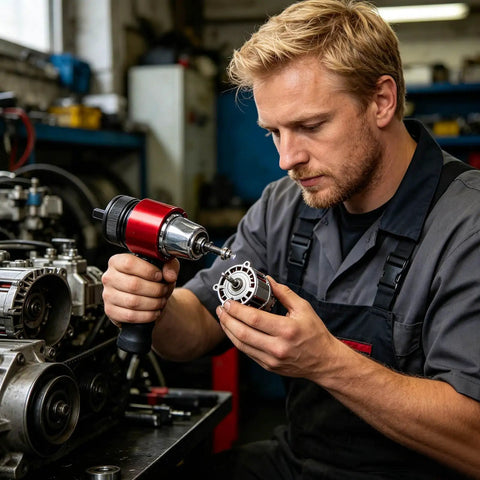 Mechanic using Rivet Nut Tool Kit M3 M8 Plug And Play Quick Change System For Blind Insert Nuts in workshop setting