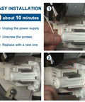 Dishwasher drain pump assembly, white plastic, shown during installation with mounting screws