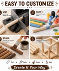 10 Pack Heavy Duty Wood Dowel Rods 1/2 X 12 Inch Solid Hardwood Sticks displayed with customization options: cut, paint, stain, and glue.