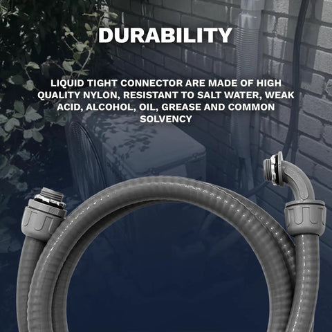 Tough As Nails One Half Inch 25 Foot Liquid Tight Electrical Conduit With Ul Certified Flexible Non Metallic Cable Armor And No Drama Connector Kit For Outdoor Weather Runs showing durable nylon connectors.
