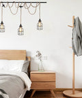 Three Light Plug In Pendant With Hemp Rope And Metal Cage Shades, 27 Feet Adjustable Twisted Rope Hanging Lighting over bed