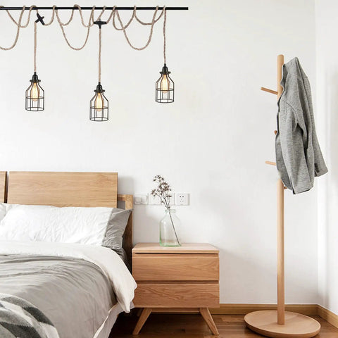 Three Light Plug In Pendant With Hemp Rope And Metal Cage Shades, 27 Feet Adjustable Twisted Rope Hanging Lighting over bed