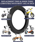 14 Inch Tire And Inner Tube Set For 14x1.95 Electric Folding Bikes And Ebikes, compatible with various models shown.