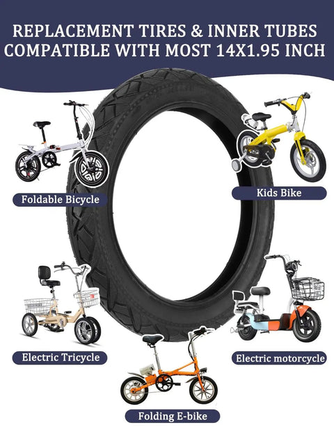 14 Inch Tire And Inner Tube Set For 14x1.95 Electric Folding Bikes And Ebikes, compatible with various models shown.