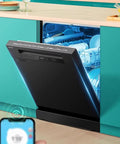 Hassle Free Countertop Dishwasher With Built In Mount Fully Automatic Large Capacity Desktop Washer Hot Air Dry Cabinet, open with plates inside.