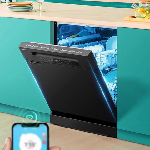 Hassle Free Countertop Dishwasher With Built In Mount Fully Automatic Large Capacity Desktop Washer Hot Air Dry Cabinet, open with plates inside.