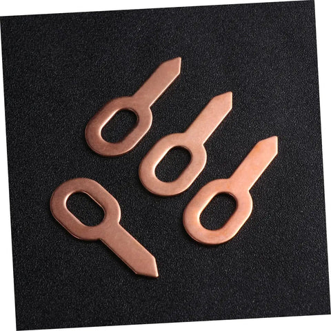 Pro Grade 50 Pack Aluminum Welding Sheet Metal Tabs For Quick Beat Up Panel Fixes And Hot Rod Garage Builds No Mess Gripper Clamps With Soft Touch Handles And Vintage Gold Paint Job shown in copper finish, displaying four tabs on black background.