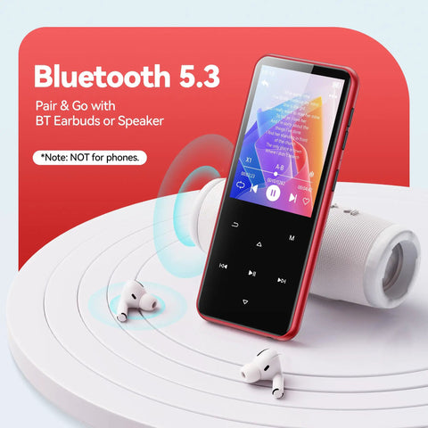 64GB MP3 Player With Bluetooth And Built In Speaker M3 2.4 Inch Portable Music Player on table with Bluetooth 5.3 display