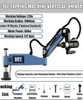 Electric Tapping Machine With 360 Degree Swivel Arm And 600 Watt Motor, designed for M3 to M16 threading, with touchscreen controls.