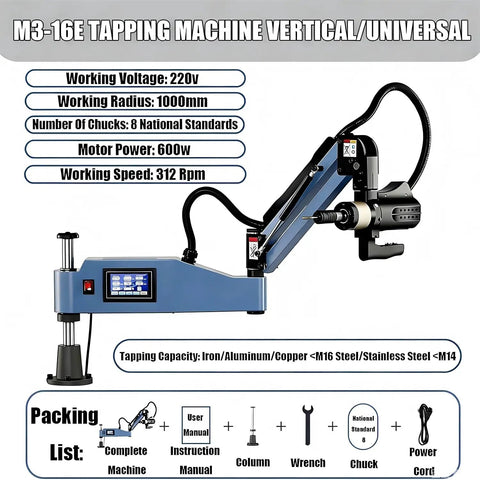 Electric Tapping Machine With 360 Degree Swivel Arm And 600 Watt Motor, designed for M3 to M16 threading, with touchscreen controls.
