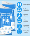 Unisex Disposable Urinal Bags For Travel And Camping, 12 Pack Emergency Urine Kit, blue packaging with icons highlighting uses like traffic jams.