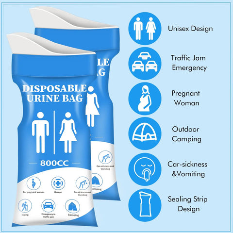 Unisex Disposable Urinal Bags For Travel And Camping, 12 Pack Emergency Urine Kit, blue packaging with icons highlighting uses like traffic jams.