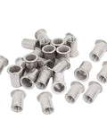 Thirty Piece 1/4 20 Unc Stainless Steel Rivet Nutserts Hella Tough Threaded Inserts for sheet metal, showing various sizes and shapes.