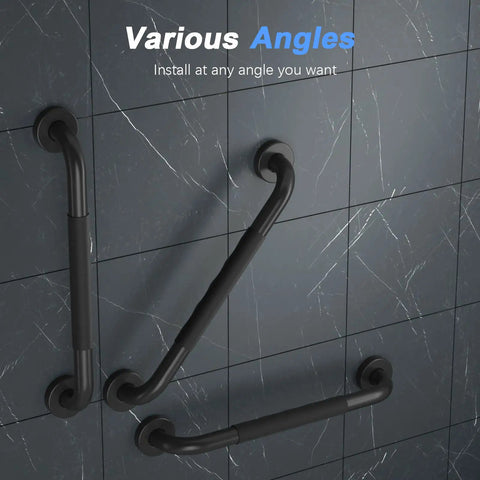 2 Pack 16 Inch Anti Slip Shower Grab Bars with Rubber Grip Stainless Steel Matte Black Wall Mount Handrail installed in various angles