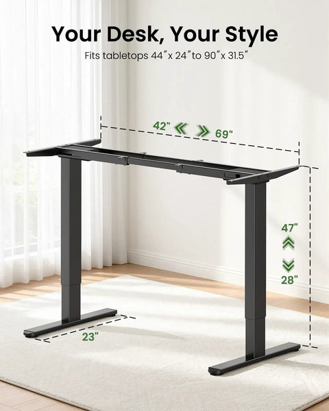 Rock This Dual Motor Standing Desk Frame For 44 To 90 Inch Desktops, showing height adjustments 28 to 47 inches.