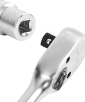 Close-up of 27mm Metric Deep Socket with Thin Wall Design, 6 Point, Knurled Grip, attached to a ratchet head for automotive maintenance.
