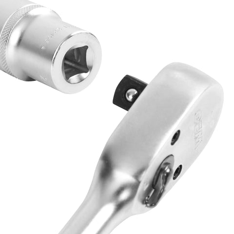 Close-up of 27mm Metric Deep Socket with Thin Wall Design, 6 Point, Knurled Grip, attached to a ratchet head for automotive maintenance.