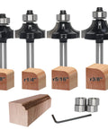 Top Shelf Four Piece Roundover And Bead Router Bit Set With One Quarter Inch Shank For Hella Smooth Woodworking Edges Multi Radius Cutting Profiles, showcasing four router bits and guide bearings.