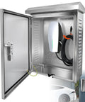 Tough As Nails Stainless Steel EV Charger Lock Box With Keyed Secure Cover open, showing mounted charger and cable routing features.