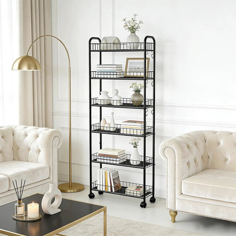 Slim Rolling Storage Cart With Wheels, 6-Tier Narrow Black Shelf On Casters in living room, space saving organizer