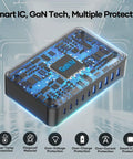 Transparent view of GaN PD 450W 10 Ports USB C and USB A Charger Hub circuitry showing smart IC, GaN tech features.