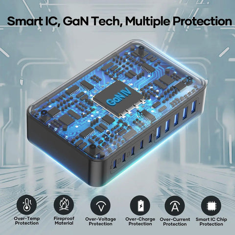 Transparent view of GaN PD 450W 10 Ports USB C and USB A Charger Hub circuitry showing smart IC, GaN tech features.