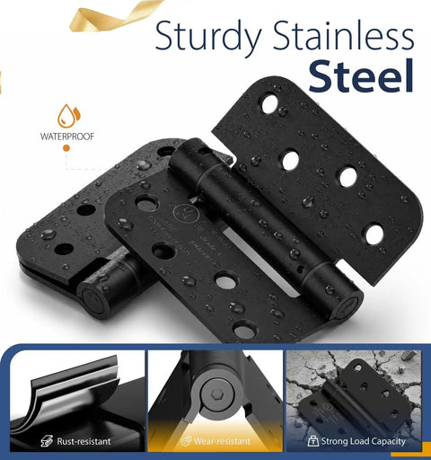 3 Pack 4 Inch Self Closing Door Hinges With Five Eighth Inch Radius Corners Black Finish For Kitchen Bathroom Garage And Office Doors No Fuss Install Durable Stainless Steel Mounting Hardware Built To Last Ideal For Interior Doors And High Traffic Use. Black stainless steel self-closing door hinges with water droplets