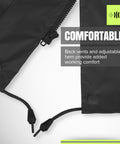 Close-up of High Visibility Lightweight Waterproof Safety Rain Suit featuring adjustable hem and back vents for comfort.