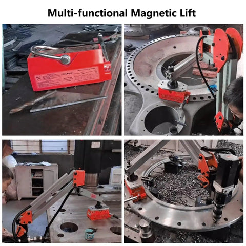 Hella Strong Heavy Duty Magnetic Lifter For Flat Steel Plates And Round Bars in use lifting steel parts at a job site.