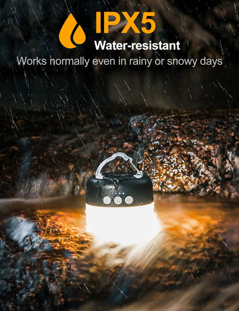 Rechargeable Camping Lantern 1000 Lumen LED Light with 6700mAh Power Bank in water showcasing IPX5 water resistance.