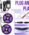Dope 66ft Black Light LED Strip Kit With 1200 LEDs 385nm-400nm UV Range 12V Flexible Indoor UV Tape For Parties Halloween Birthday Christmas Non Waterproof Easy Install Low Heat with power adapter and connection features.