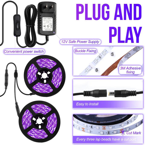 Dope 66ft Black Light LED Strip Kit With 1200 LEDs 385nm-400nm UV Range 12V Flexible Indoor UV Tape For Parties Halloween Birthday Christmas Non Waterproof Easy Install Low Heat with power adapter and connection features.