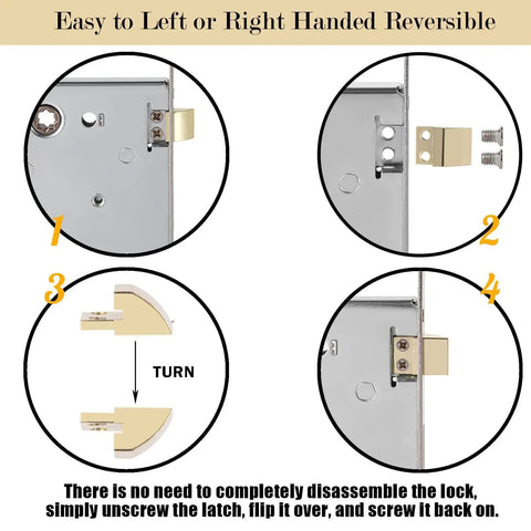 Step-by-step guide showing how to reverse the Crystal Glass Mortise Lock Set With Antique Brass Finish Interior Door Knobs And Skeleton Key For Old School Style Doors Heavy Duty Upgrade For Classic Homes And Vintage Doors