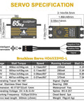 Waterproof 65Kg Beefy Torque Low Profile Brushless RC Steering Servo specs and dimensions chart