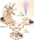 Five In One Wooden STEM Kits For Kids With Amusement Park Theme Build A Ferris Wheel, A Merry Go Round, A Mini Windmill House
